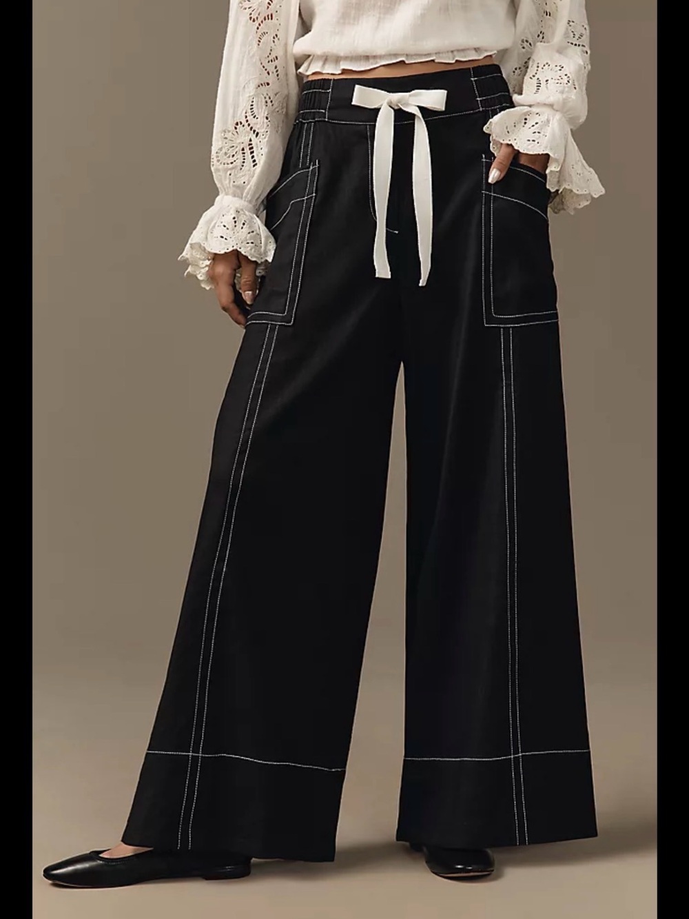 Maeve Wide Leg Contrast-Stitch Drawstring Pants - Black L